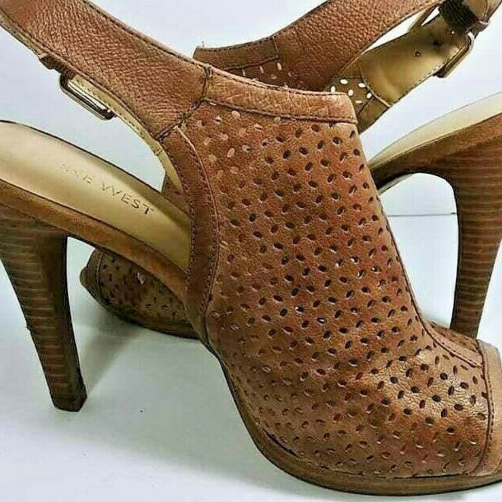 Nine West Leather Mesh Bootie Heels 7.5M Peep Toe - Picture 4 of 7
